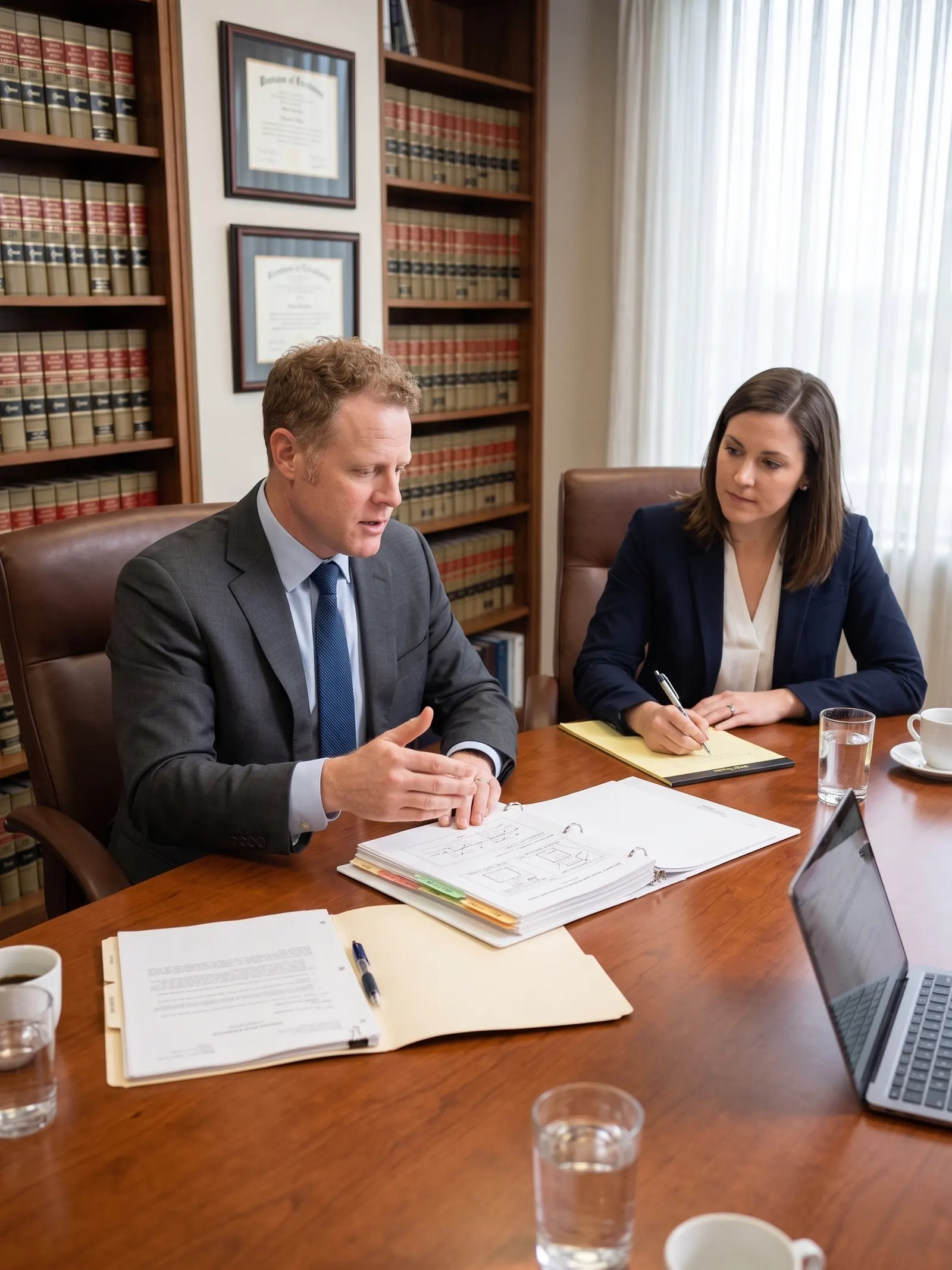 Matt Thompson reviewing case materials with counsel at a law-office conference table.