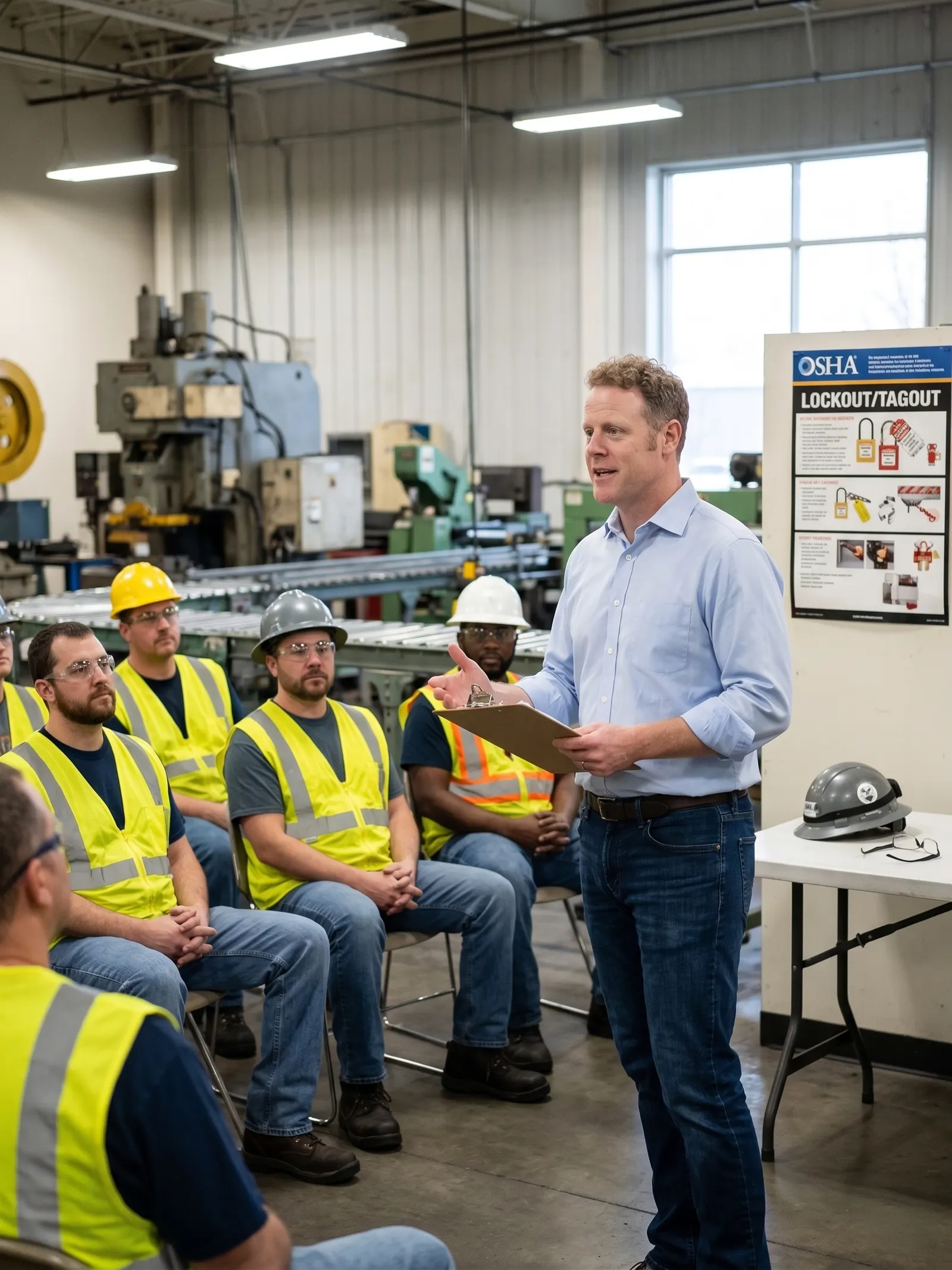 Matt Thompson leading a toolbox talk for hard-hatted workers in front of an OSHA Lockout/Tagout poster.