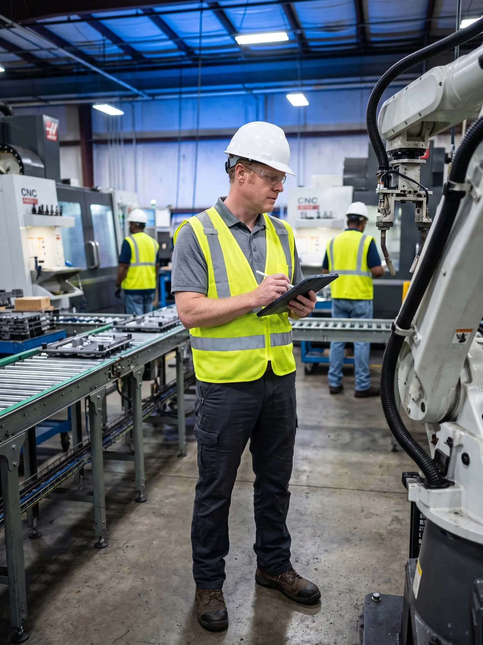 Matt Thompson taking notes during a walkthrough on a manufacturing floor.