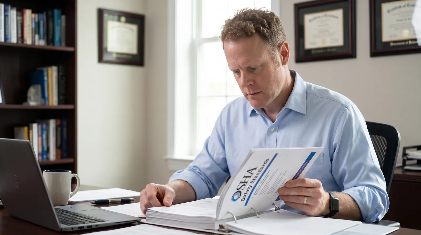 Matt Thompson reviewing OSHA standards at a desk to draft a written safety program.