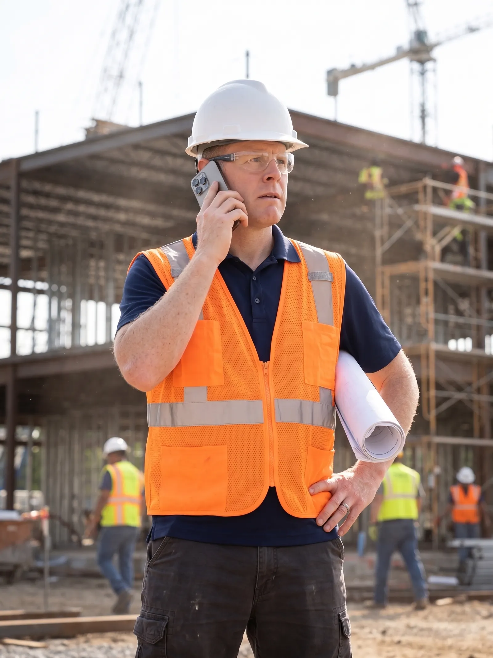 Matt Thompson on a construction site, taking a phone call in hi-vis vest and hard hat with blueprints in hand.