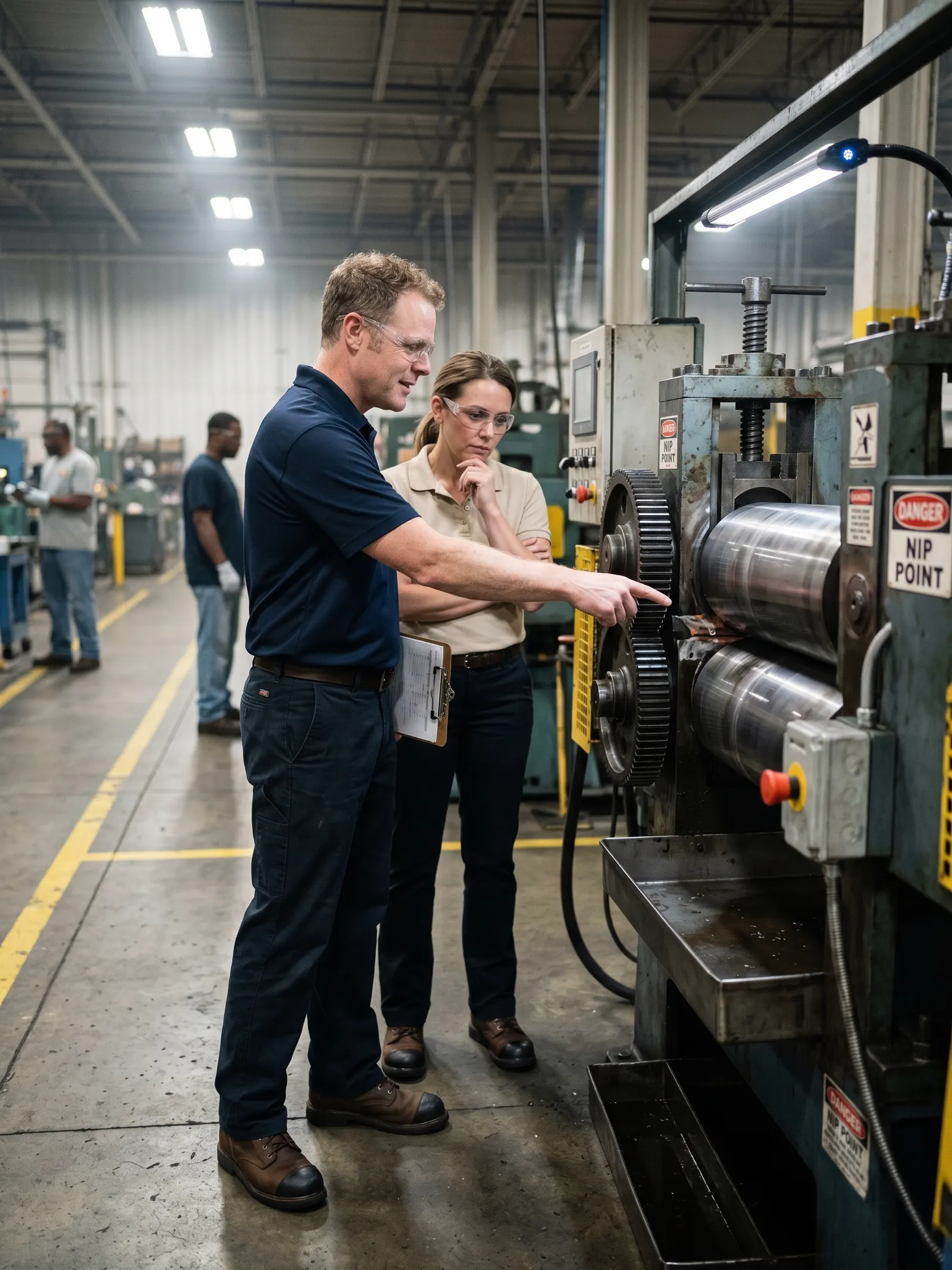 Matt Thompson walking a roll-mill nip-point hazard with a client engineer.