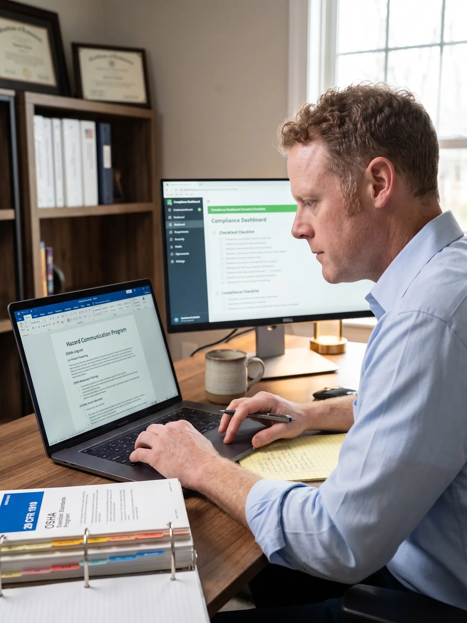 Matt Thompson at a laptop drafting a Hazard Communication Program, with an OSHA reference binder on the desk.