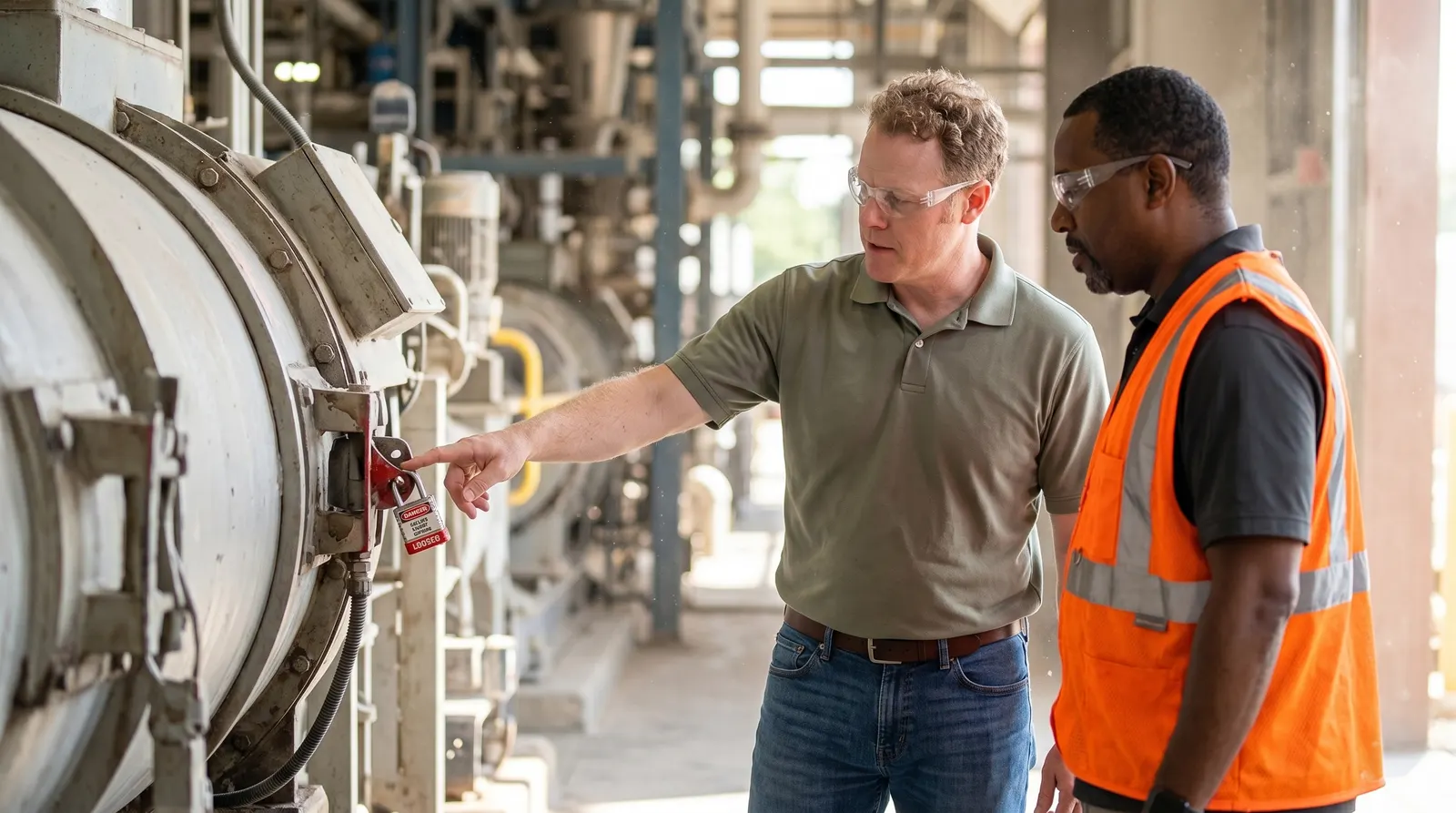 Matt Thompson and a worker reviewing a lockout point on a press in a manufacturing facility.